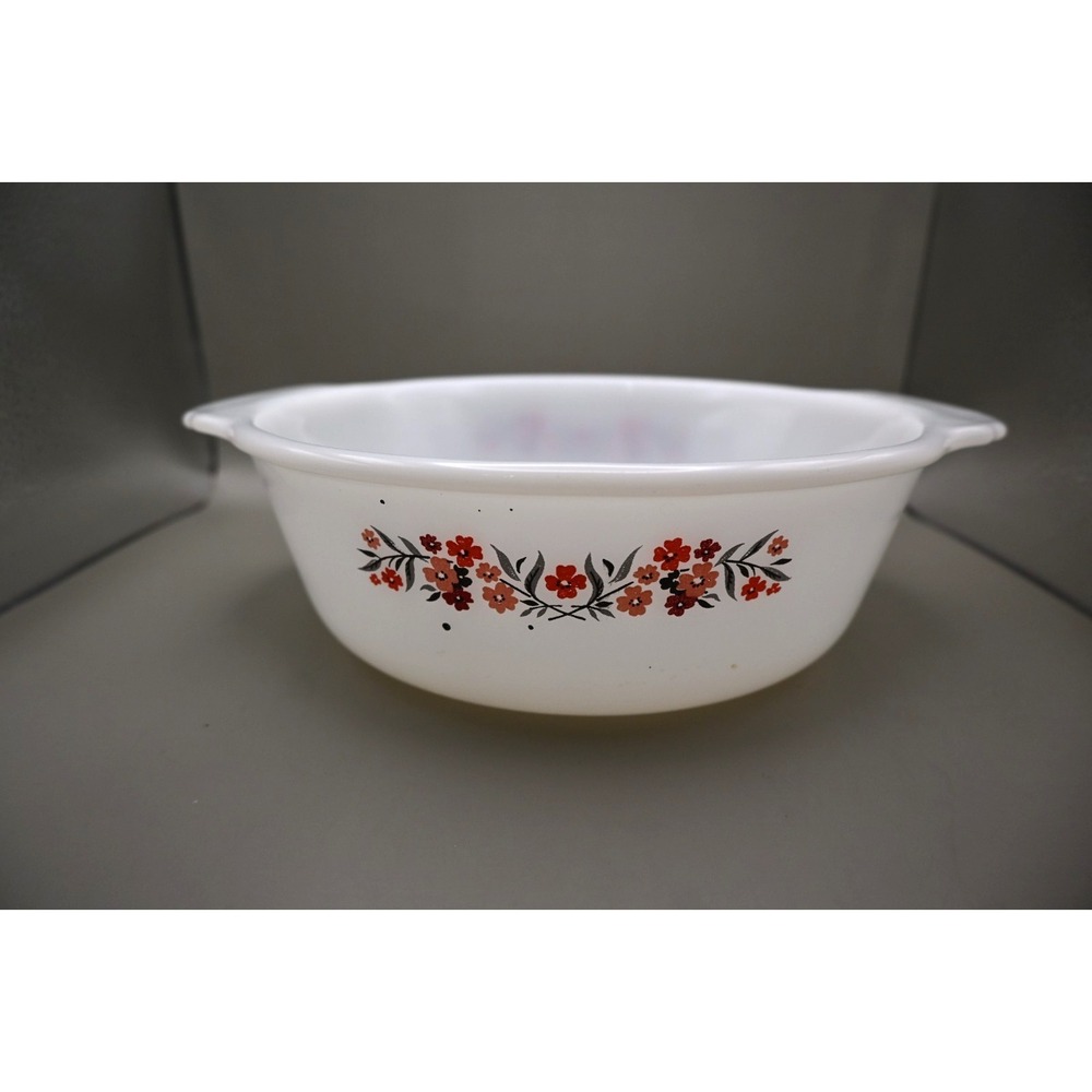 Vintage Fire King Milk Glass Floral Casserole Bowl 1.5 Qt USA